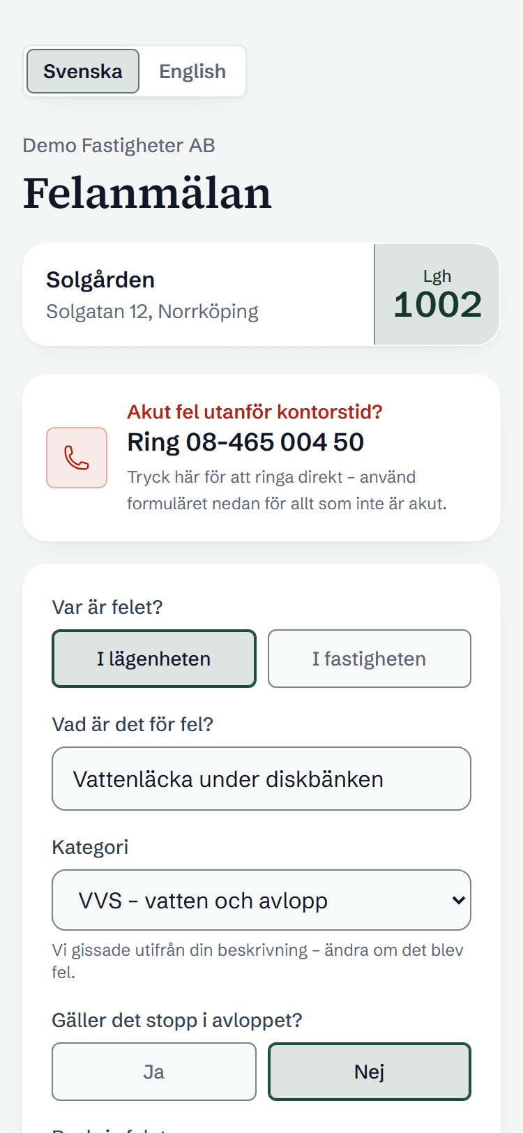 Felanmälan i mobilen för Solgatan 12, lägenhet 1002, med felet ifyllt