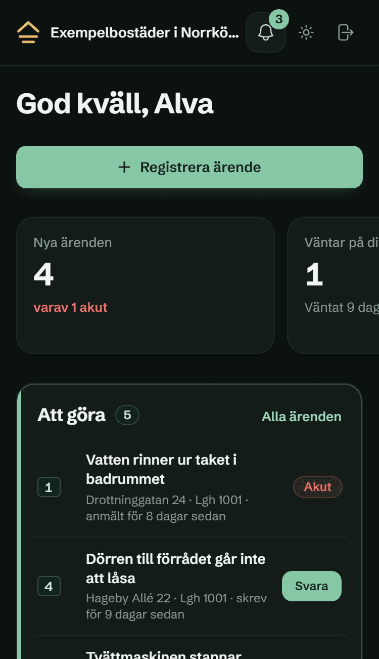 Översikten i Hyresvyn: Att göra med de ärenden som är akuta, väntar på svar eller är nya, med en knapp på varje rad